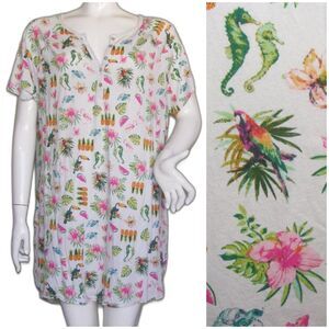 PJ SALVAGE Nightgown, XL, White, Multicolor print Birds, Seahorse, Floral, Fruit